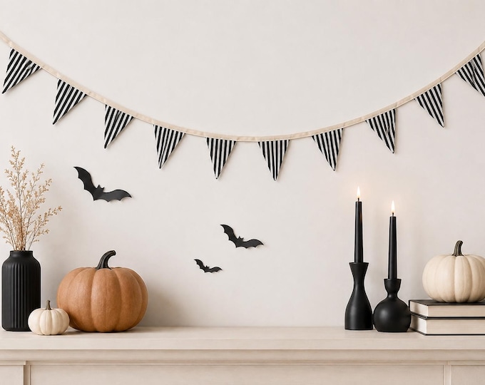 Marimekko Fabric Bunting, Black White Dot Stripe Garland, Modern Halloween Mantel Decor