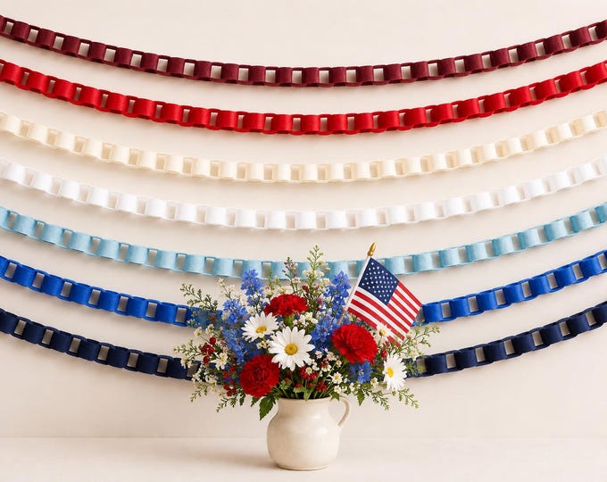 Solid Color Patriotic Felt Chain Garland, Red Cream Blue Fourth of July Decor