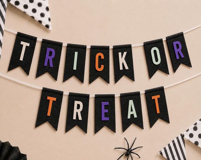Handmade Felt Halloween Banner, Trick or Treat Phrase, Modern Party Decor