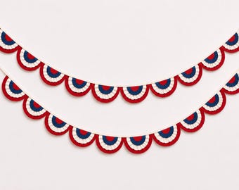 Patriotic Felt Fan Garland, Red Cream Blue Scallop Bunting for Fourth of July Decor
