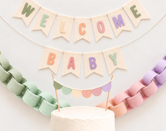 Handmade Wool Felt Baby Shower Banner, Vintage Rainbow Garland Set