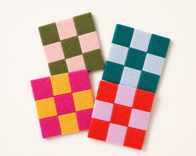 Checkerboard Felt Coasters, Colorful Wool Blend Drink Coaster Set