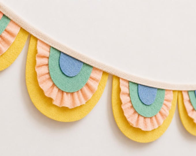 Baby in Bloom Felt Fan Garland, Layered Marigold Coral Aqua Nursery Decor