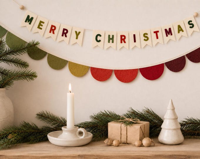 Merry Christmas Felt Banner, Scallop Garland or Set, Holiday Mantel Decor