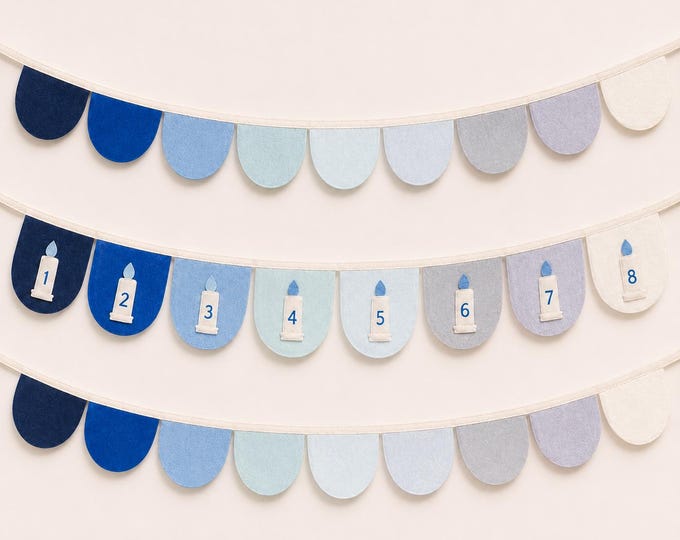Hanukkah Felt Scallop Garland, Eight Nights Countdown Banner, Blue Winter Holiday Decor