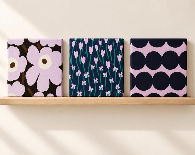 Marimekko Fabric Wall Art, One 6x6 Mini Textile Panel, Choose Lilac and Navy Pattern