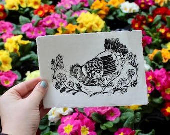 Handmade Chicken Lino Art Print: Rustic Floral Blockprint (5x7)