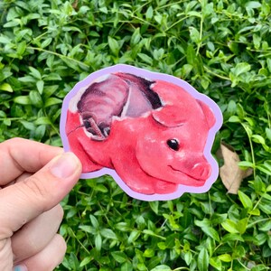May include: A sticker featuring a pink pig with a cutaway view of its internal organs. The sticker has a purple border and is set against a backdrop of green foliage. The pig has a smiling expression.