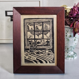 Cozy Morning Tea Hand Printed Lino Kitchen Table Linocut BlockPrint 5x7" Art Print on Handmade Deckled Edge Paper