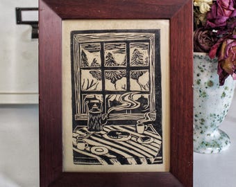Cozy Morning Tea Hand Printed Lino Kitchen Table Linocut BlockPrint 5x7" Art Print on Handmade Original Print