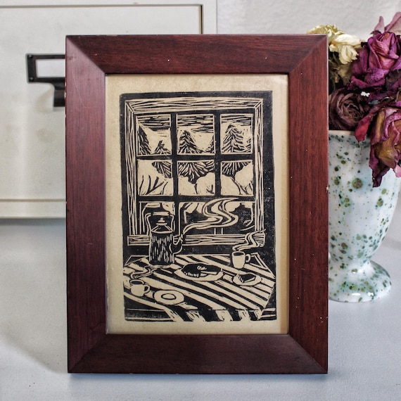 Cozy Morning Tea Hand Printed Lino Kitchen Table Linocut BlockPrint 5x7" Art Print on Handmade Deckled Edge Paper