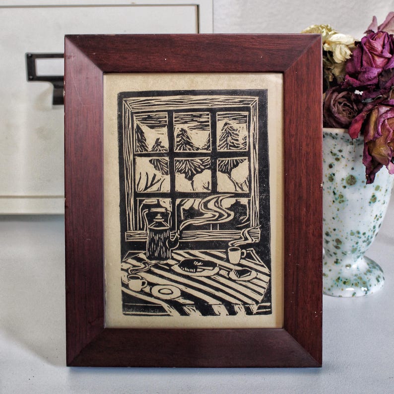 Cozy Morning Tea Hand Printed Lino Kitchen Table Linocut BlockPrint 5x7" Art Print on Handmade Original Print image 1