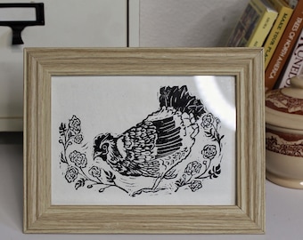 Marigold Chicken Linocut, 5x7 Farmhouse Style Wall Decor, Rustic Folk Art Block Print, Handmade Original Print