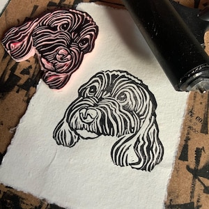 Custom Linocut rubber Library Stamp Commission from Photo Hand carved Dog Cat Portrait Personalized Wood cut Signature in Gift Memory Lino