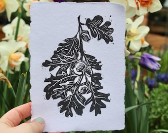 Fall White Oak Leaf Hand Printed Linocut Block Print 5x7&quot; Autumnal Acorns Minimalist Lino Art on Handmade Deckled Edge Paper