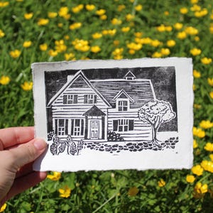 Cosy Cottage Lino Anne of Green Gables Heritage Estate Linogravure, impression d'art 5 x 7 po. sur papier taché fait main, carte de voeux vierge