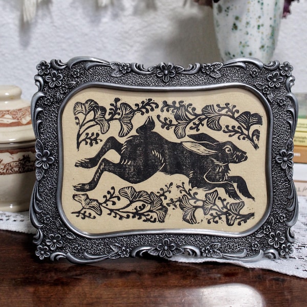 Black Rabbit Spring Botanical Gingko Leaf Hand Printed Linocut BlockPrint 5x7" Art Original Print on Handmade Deckled Edge Paper