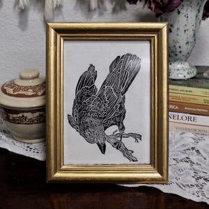 Witchy Crow Linocut Block Print 5x7 Medieval Corvid Art on Handmade Paper