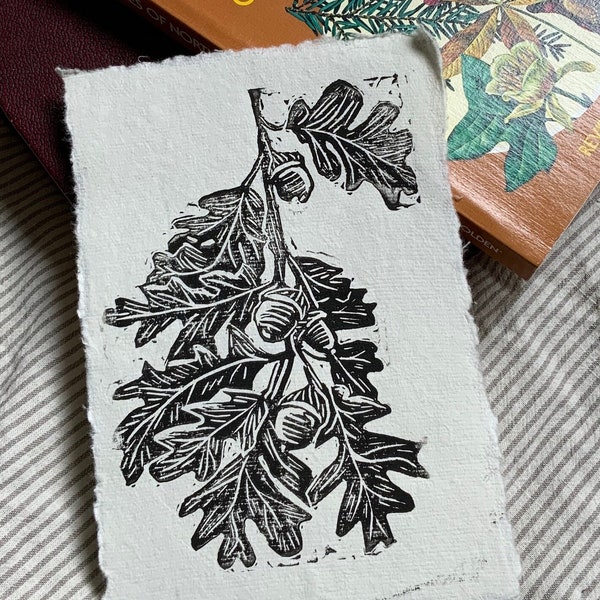 Handmade White Oak Leaf Linocut Block Print 5x7" Original Minimalist Art Print