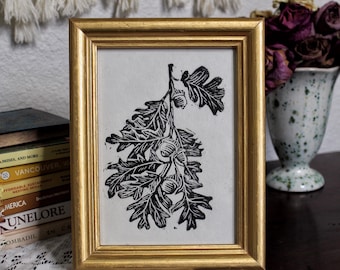 Autumnal Oak Leaf Linocut, 5x7 Fall Trees Wall Decor,  Storybook Style Art, Handmade Original Print