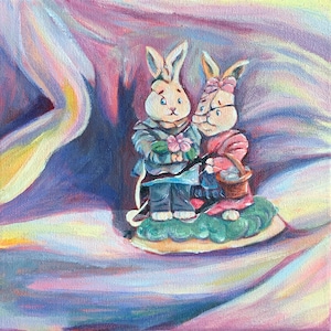 May include: A whimsical painting features two anthropomorphic rabbits. One rabbit holds flowers, the other carries a basket. They are dressed in clothing and stand on a green base against a backdrop of blended colors, evoking a soft, dreamlike quality.