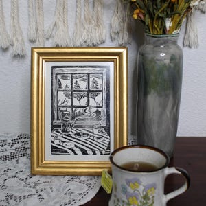 Cozy Morning Tea Hand Printed Lino Kitchen Table Linocut BlockPrint 5x7" Art Print on Handmade Original Print image 2