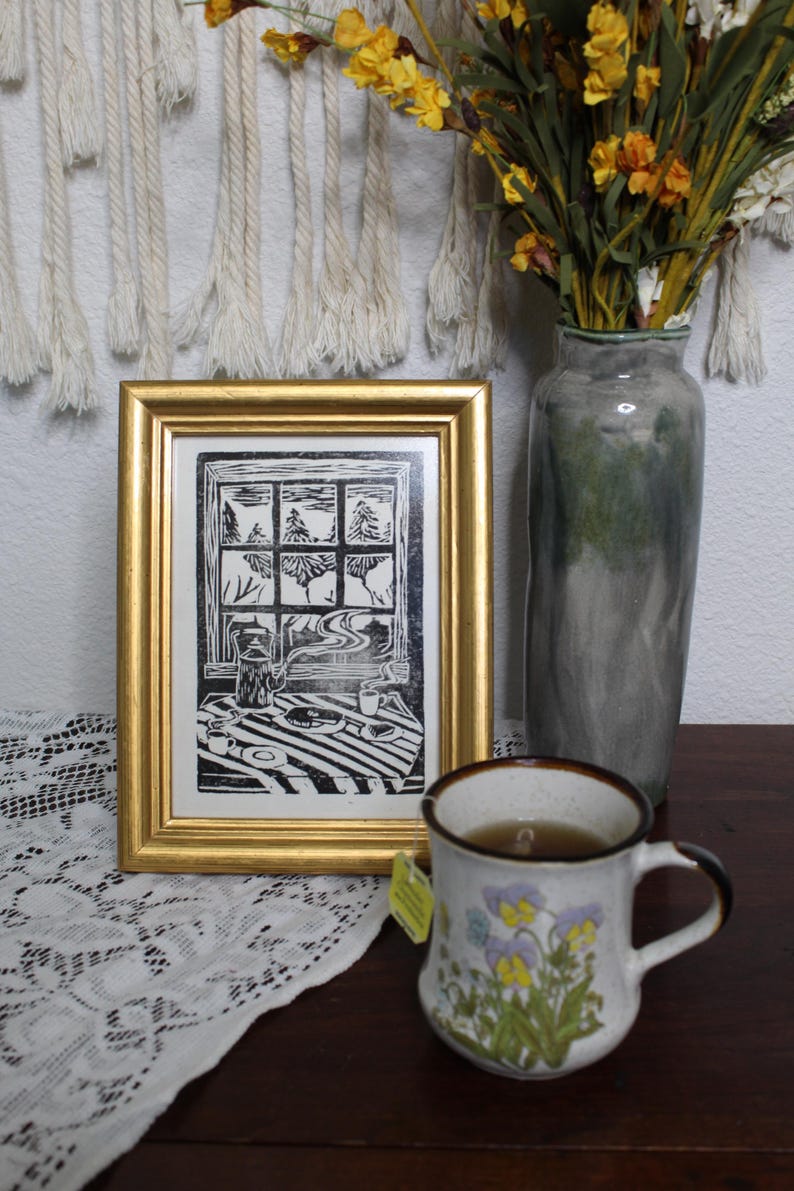Cozy Morning Tea Hand Printed Lino Kitchen Table Linocut BlockPrint 5x7" Art Print on Handmade Original Print image 2