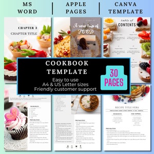 Könnte beinhalten: Eine farbenfrohe Kochbuchvorlage mit 30 Seiten, einschließlich eines Inhaltsverzeichnisses, Rezeptseiten und einem Titelbild mit einem Teller Essen. Die Vorlage ist kompatibel mit Microsoft Word, Apple Pages und Canva.