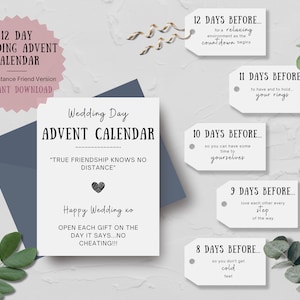 Hochzeits-Adventskalender mit 12 Tage Countdown. 12 Tage haltbar. Druckbare sofortiger Download, Hochzeit Geschenkanhänger Korb Box, Abstand Freund Version