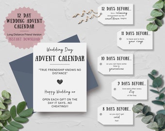 Wedding Advent Calendar 12 day countdown. 12 days of. Printable Instant Download, Wedding Day Gift Tags Basket Box, Distance Friend Version