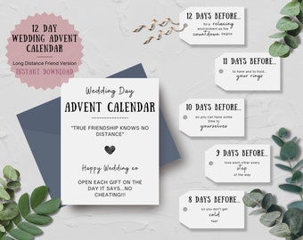 Calendario de Adviento para bodas Cuenta atrás de 12 días. 12 días de. Descarga instantánea imprimible, caja de cesta de etiquetas de regalo del día de la boda, versión para amigos a distancia