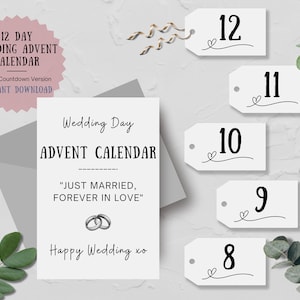 Wedding Advent Calendar 12 day countdown. 12 days of. Printable Instant Download, Wedding Day Gift Tags Basket Box, Basic Countdown Version