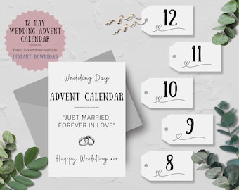 Bruiloft adventskalender 12 dagen aftellen. 12 dagen van. Afdrukbare Instant Download, Wedding Day Gift Tags Basket Box, Basic Countdown-versie