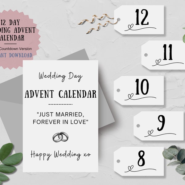 Wedding Advent Calendar 12 day countdown. 12 days of. Printable Instant Download, Wedding Day Gift Tags Basket Box, Basic Countdown Version