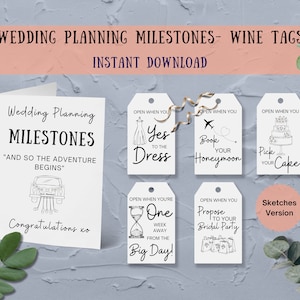 Wedding Planning Milestones Wine Tags Gift Set. Printable Instant Download, Wedding Engagement Gift Tags Basket Box, Countdown, Sketches