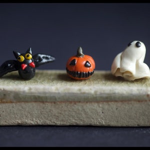 Handmade Polymer Clay Mini Halloween Figures: Witch, Bat, Pumpkin