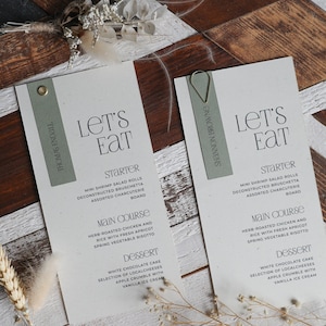 Menu personnalisé imprimé avec les noms des invités pour le mariage | Moderne, luxueux, design bohème avec police de caractères au choix | Trombone ou oeillet - Banksia