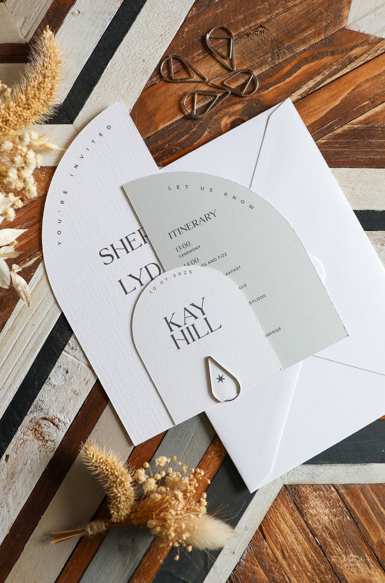 Wedding Invitation Suite Printed Curved Invite Modern, Luxury, Boho Design with choice of Font Includes Envelopes Fern image 4