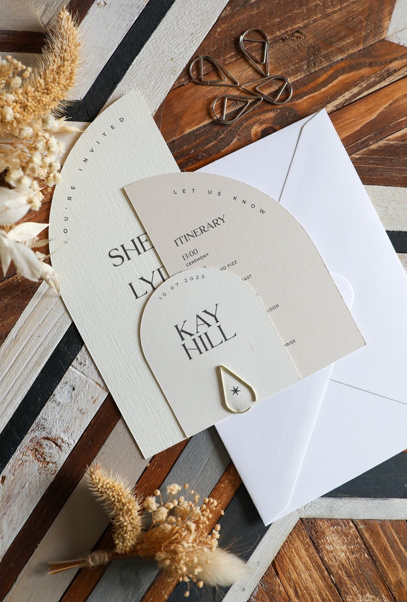 Wedding Invitation Suite Printed Curved Invite Modern, Luxury, Boho Design with choice of Font Includes Envelopes Fern image 2