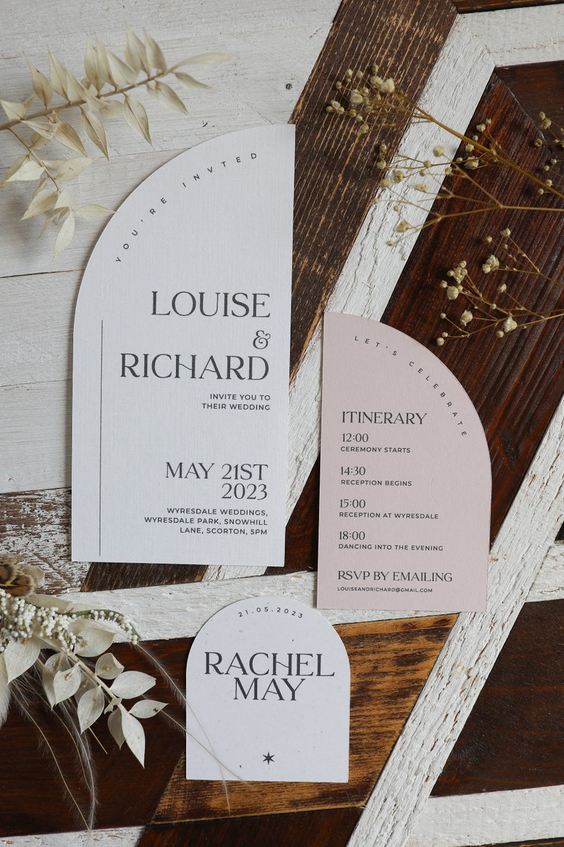 Wedding Invitation Suite Printed Curved Invite Modern, Luxury, Boho Design with choice of Font Includes Envelopes Fern image 5