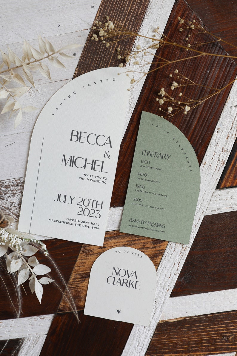 Wedding Invitation Suite Printed Curved Invite Modern, Luxury, Boho Design with choice of Font Includes Envelopes Fern image 6