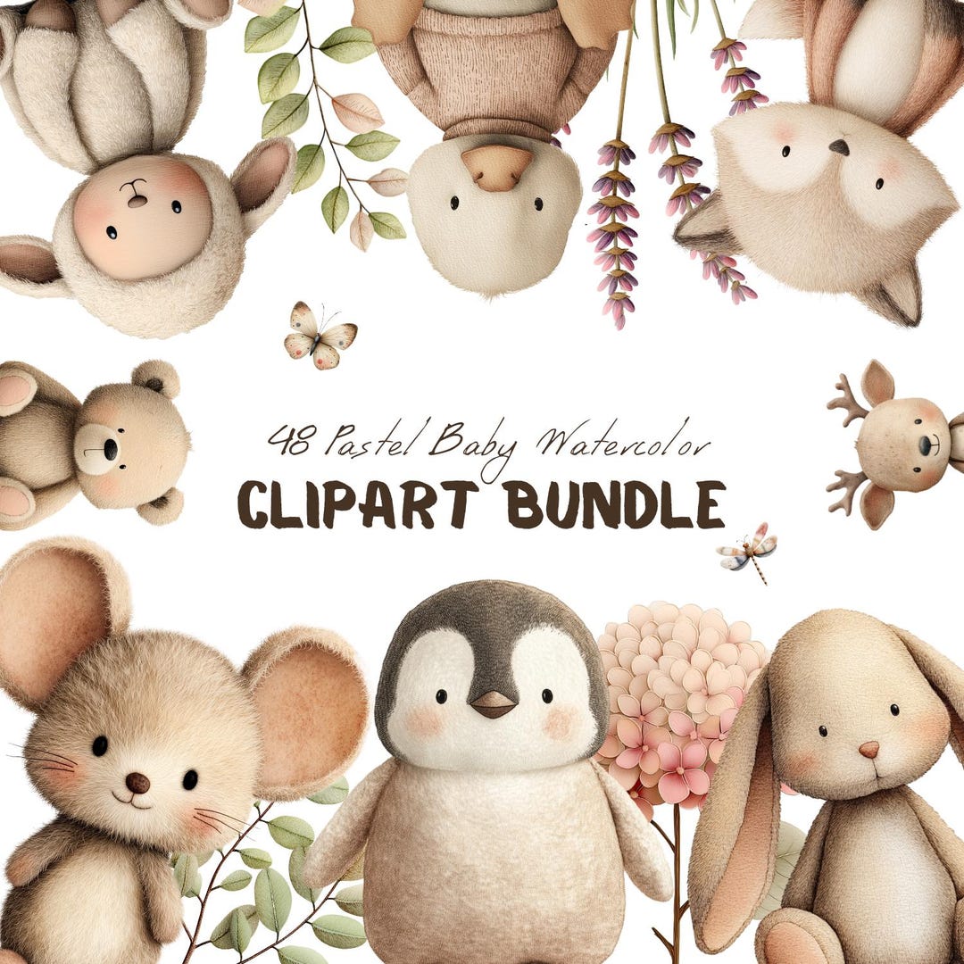 48 Baby Watercolor Clipart Bundle Nursery Animals PNG Cute Teddy Plush ...
