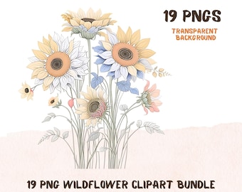 Paquete de imágenes prediseñadas de flores silvestres de acuarela, conjunto PNG floral bohemio, descarga digital
