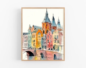 Amsterdam Watercolor Painting Cityscape Art Print Colorful Canal Houses Urban Sketch Wall Art European Travel Decor by FeelingPrints