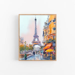 « Peinture à l&#39;aquarelle de Paris, art mural de la tour Eiffel, impression de scène de rue de café français, art du paysage urbain les jours de pluie, cadeau de voyage à Paris » par FeelingPrints