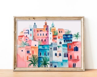 Marokkanische Stadtansicht Aquarell buntes Marokko Wand Kunst afrikanische Häuser Wanddeko by FeelingPrints