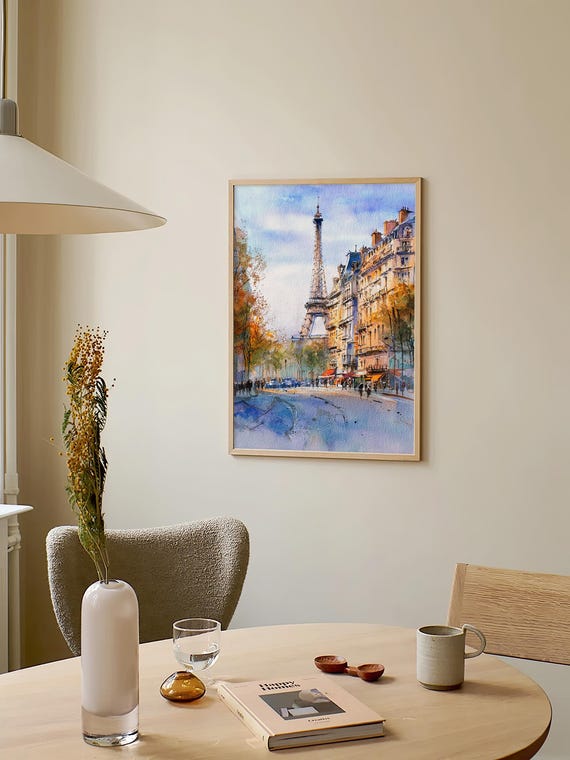 パリの水彩画プリント エッフェル塔の絵画 フランスの街並み ウォール