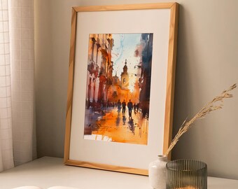 セビリアの街並みの水彩画アートプリント スペインの街並みの水彩画