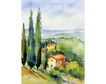 Tuscany Rustic House Watercolor Art Print Italian Countryside Fields Painting Tuscany Landscape Artwork Travel Gifts by FeelingPrints