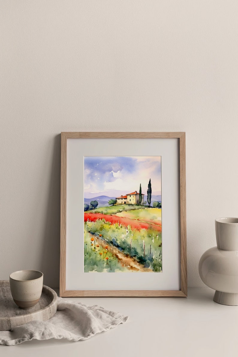 May include: A watercolor painting of a house in a field of flowers. The house is a light yellow color with a red roof. There are two tall trees in the background. The field is filled with red, orange, and yellow flowers.